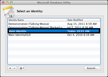 outlook 2011 for mac main identity recovery